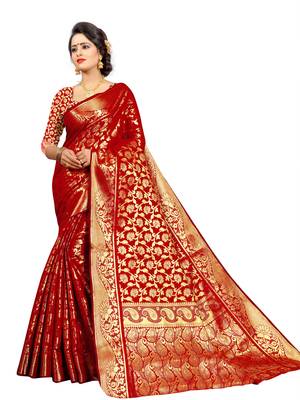 Red Woven Jacquard Saree With Blouse 3