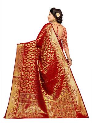 Red Woven Jacquard Saree With Blouse 4