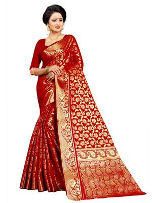Red Woven Jacquard Saree With Blouse 5