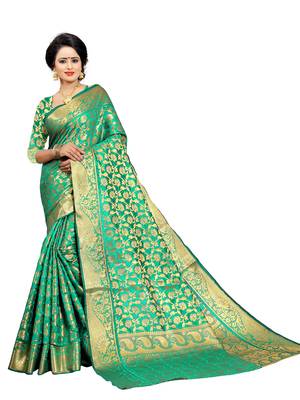 Green Woven Jacquard Saree With Blouse 2