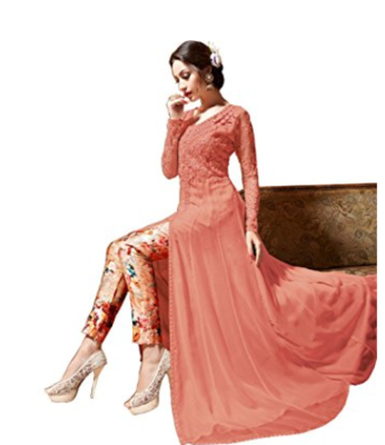 dark peach embroidred georgette semi stitched salwar with dupatta  1