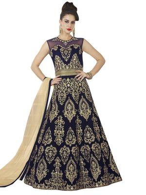 Navy blue embroidered velvet semi stitched salwar with dupatta 1
