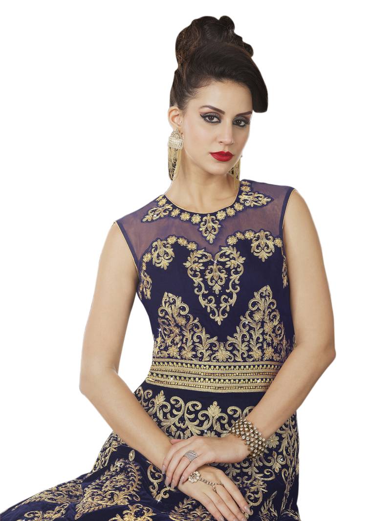 Navy blue embroidered velvet semi stitched salwar with dupatta