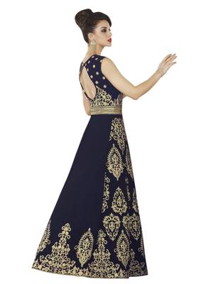 Navy blue embroidered velvet semi stitched salwar with dupatta 3