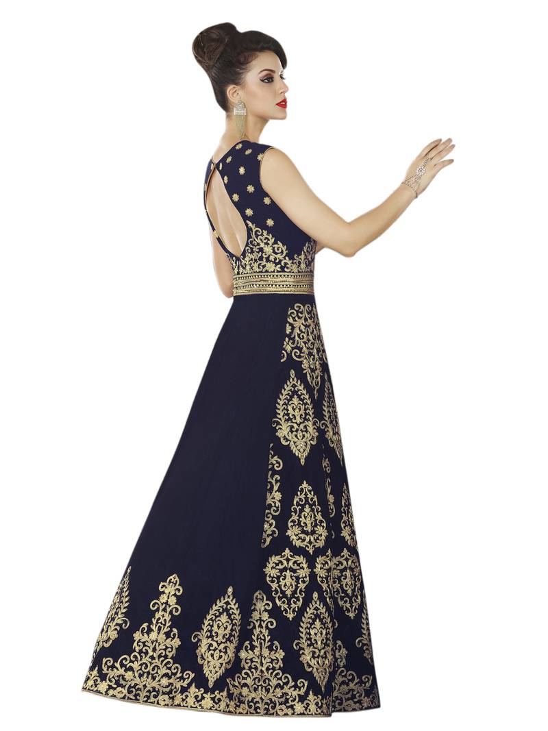Navy blue embroidered velvet semi stitched salwar with dupatta