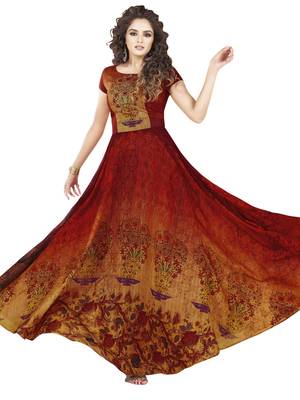 Maroon printed art silk party wear gown 1