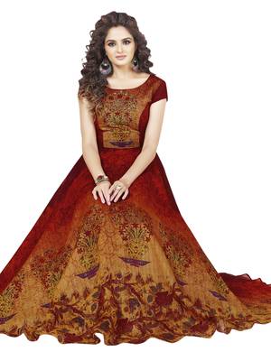 Maroon printed art silk party wear gown 2