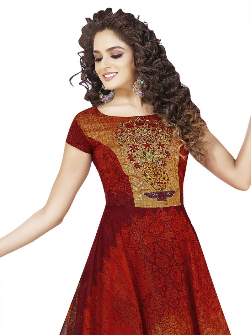 Maroon printed art silk party wear gown