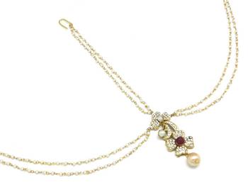 Flower Maang Tikka And Matha Patti Decorated With Crystals And Pearl Drop 1