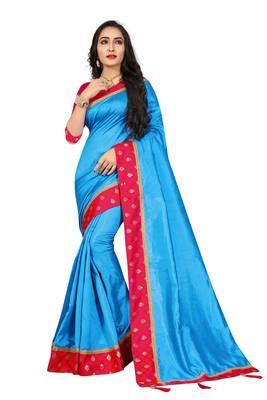 Blue embroidered brocade silk saree with blouse 1