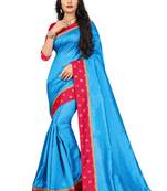 Blue embroidered brocade silk saree with blouse