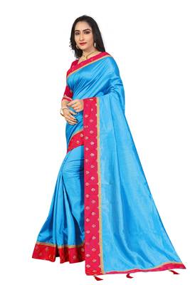 Blue embroidered brocade silk saree with blouse 2