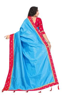 Blue embroidered brocade silk saree with blouse 3