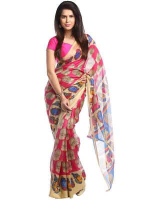 Chhabra 555 Pink Printed Bhagalpuri Cotton Saree With Blouse 1