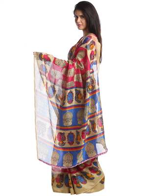 Chhabra 555 Pink Printed Bhagalpuri Cotton Saree With Blouse 2