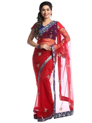 Chhabra 555 Red Embroidered Net Saree With Blouse 1