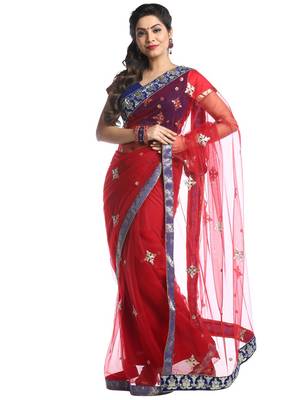 Chhabra 555 Red Embroidered Net Saree With Blouse 2