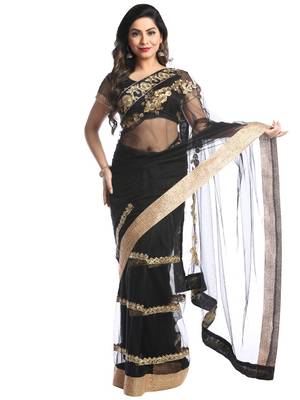 Chhabra 555 Black Embroidered Net Saree With Blouse 2