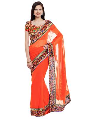 Chhabra 555 Orange Printed Georgette Saree With Blouse 1