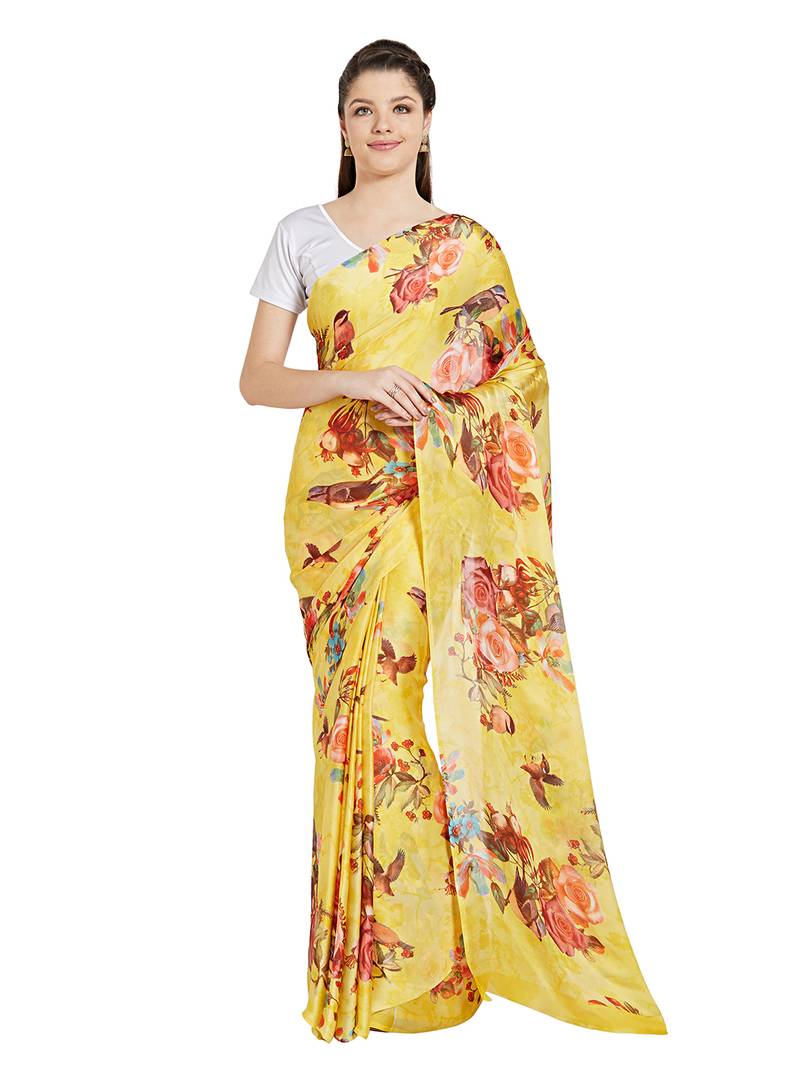 Jashn yellow peacock print satin saree with blouse