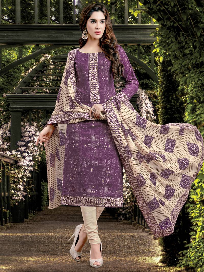 Inddus Wine Cotton Printed Unstitched Dress Material With Chiffon Dupatta