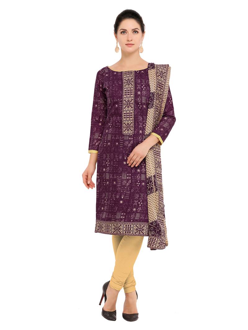 Inddus Wine Cotton Printed Unstitched Dress Material With Chiffon Dupatta
