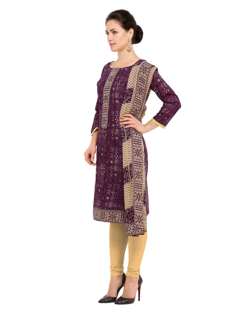 Inddus Wine Cotton Printed Unstitched Dress Material With Chiffon Dupatta