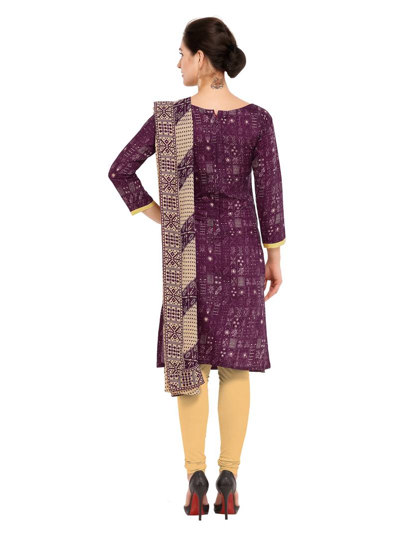 Inddus Wine Cotton Printed Unstitched Dress Material With Chiffon Dupatta