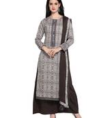 Inddus Dark Grey Cotton  Embroidered Unstitched Dress Material With Chiffon Dupatta