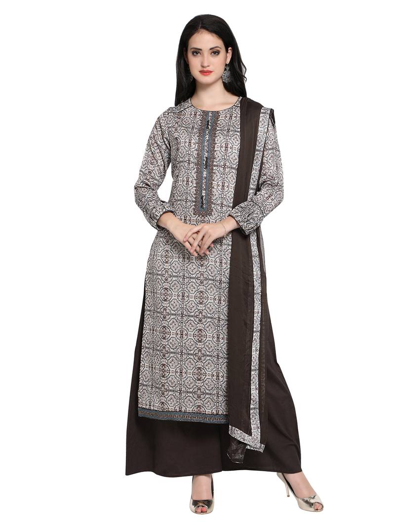 Inddus Dark Grey Cotton  Embroidered Unstitched Dress Material With Chiffon Dupatta