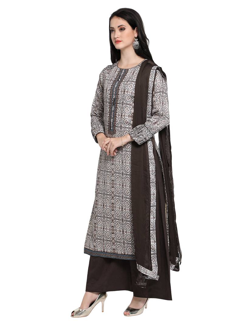 Inddus Dark Grey Cotton  Embroidered Unstitched Dress Material With Chiffon Dupatta