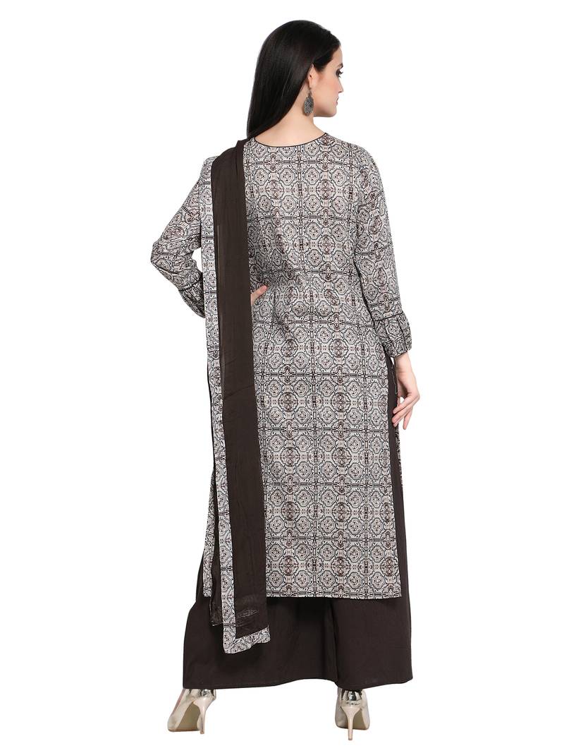 Inddus Dark Grey Cotton  Embroidered Unstitched Dress Material With Chiffon Dupatta