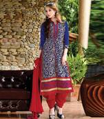 Inddus Blue Cotton Embroidered Unstitched Dress Material With Chiffon Dupatta