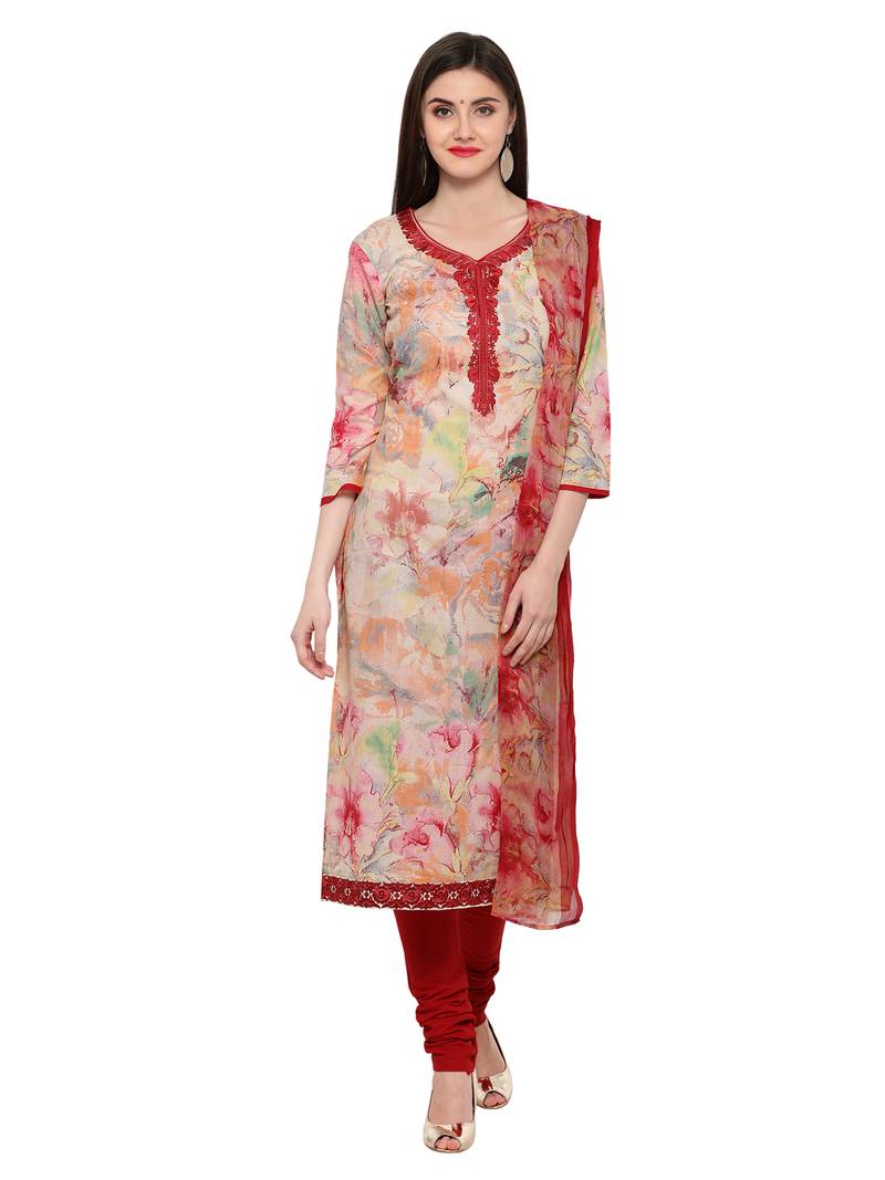 Inddus Multicolored Cotton Embroidered Unstitched Dress Material With Chiffon Dupatta