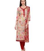 Inddus Multicolored Cotton Embroidered Unstitched Dress Material With Chiffon Dupatta