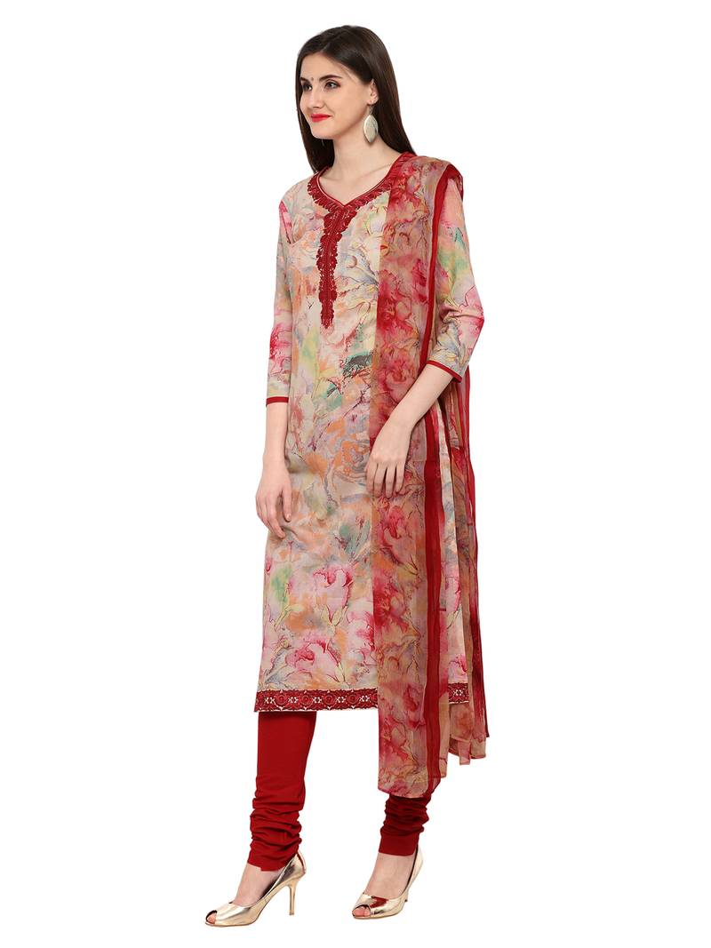 Inddus Multicolored Cotton Embroidered Unstitched Dress Material With Chiffon Dupatta