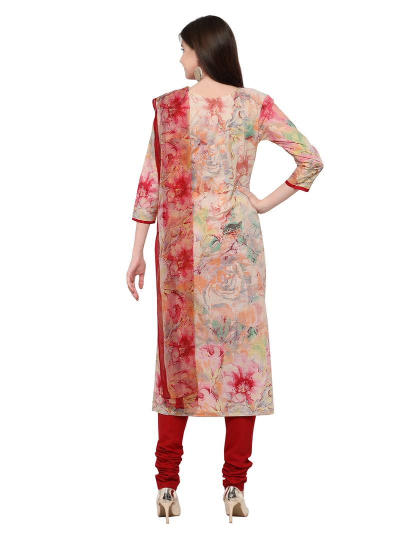 Inddus Multicolored Cotton Embroidered Unstitched Dress Material With Chiffon Dupatta