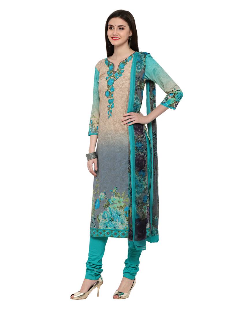 Inddus Green Cotton Embroidered Unstitched Dress Material With Chiffon Dupatta