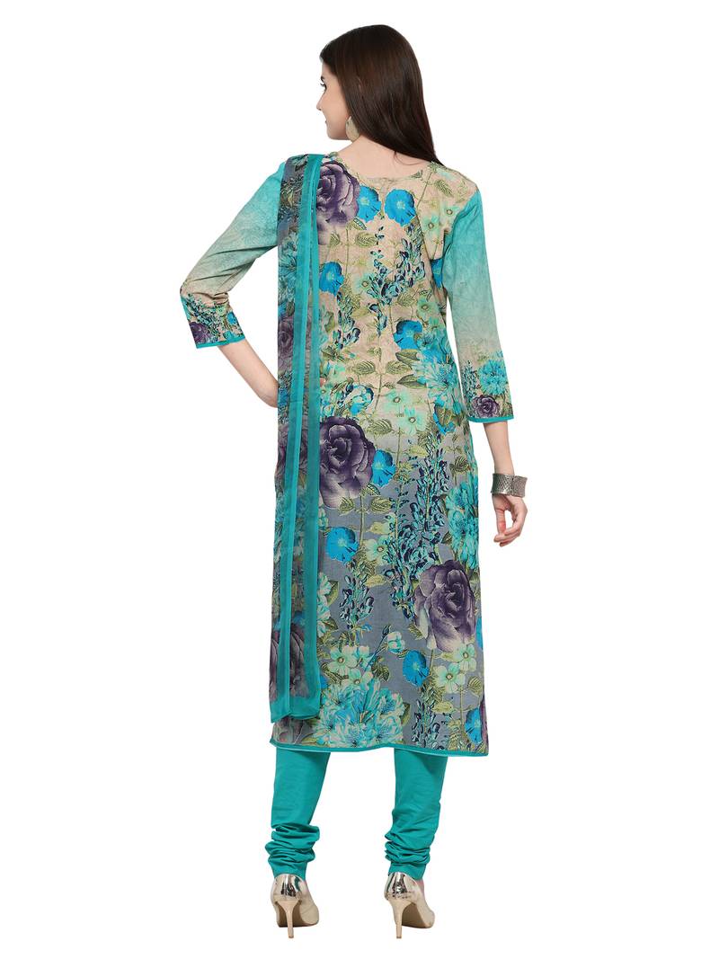 Inddus Green Cotton Embroidered Unstitched Dress Material With Chiffon Dupatta