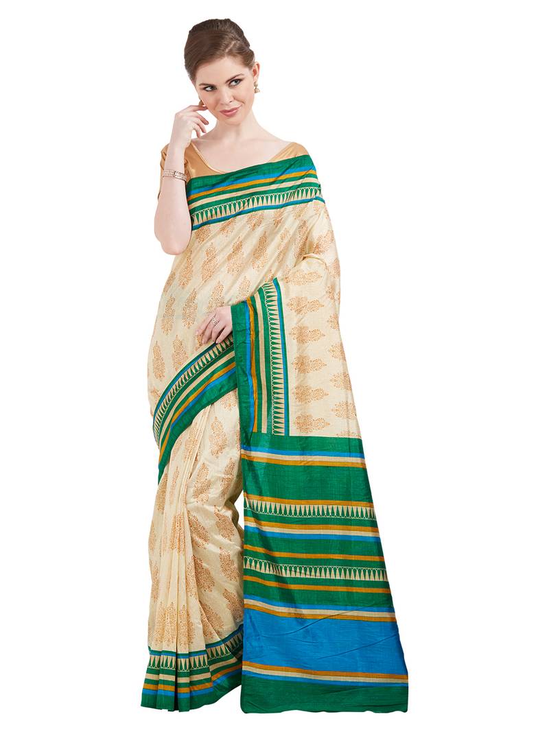 Jashn cream ethnic print artsilk saree with blouse