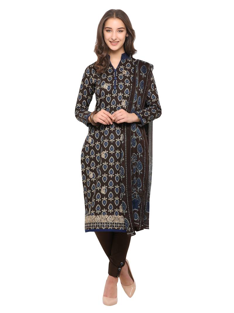 Inddus Black Cotton Lawn Embroidered Unstitched Dress Material With Chiffon Dupatta