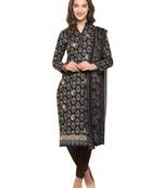Inddus Black Cotton Lawn Embroidered Unstitched Dress Material With Chiffon Dupatta
