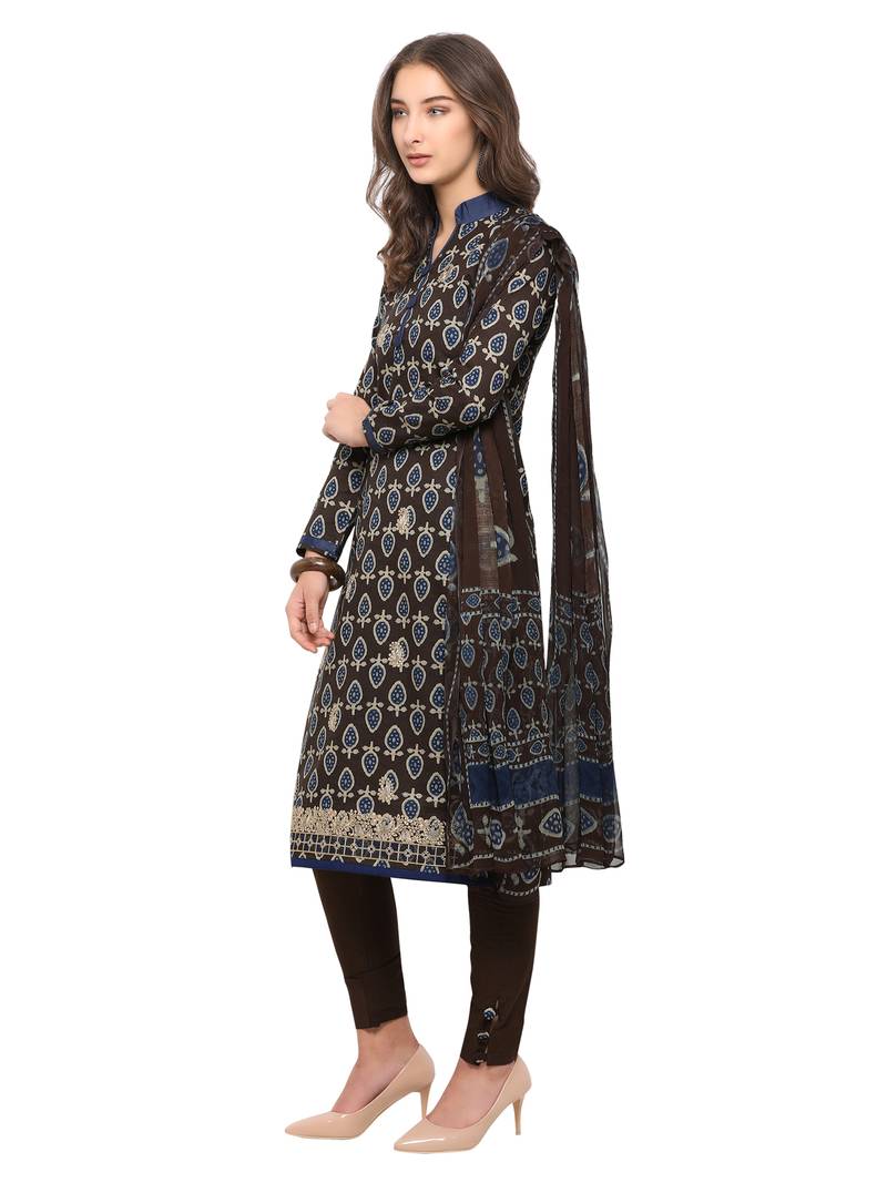 Inddus Black Cotton Lawn Embroidered Unstitched Dress Material With Chiffon Dupatta