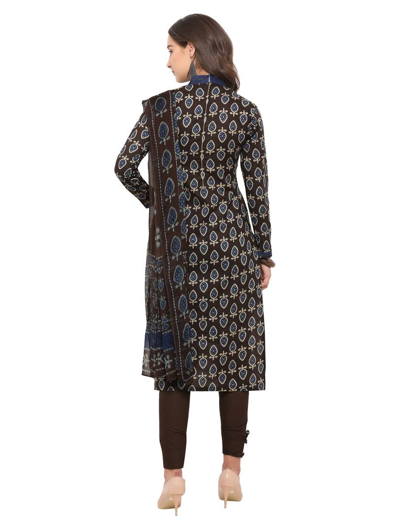 Inddus Black Cotton Lawn Embroidered Unstitched Dress Material With Chiffon Dupatta