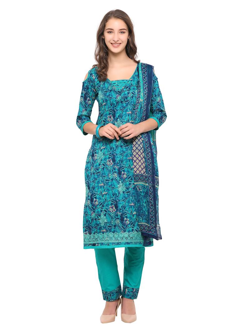 Inddus Turquoise Cotton Lawn Embroidered Unstitched Dress Material With Chiffon Dupatta
