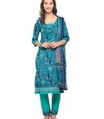 Inddus Turquoise Cotton Lawn Embroidered Unstitched Dress Material With Chiffon Dupatta