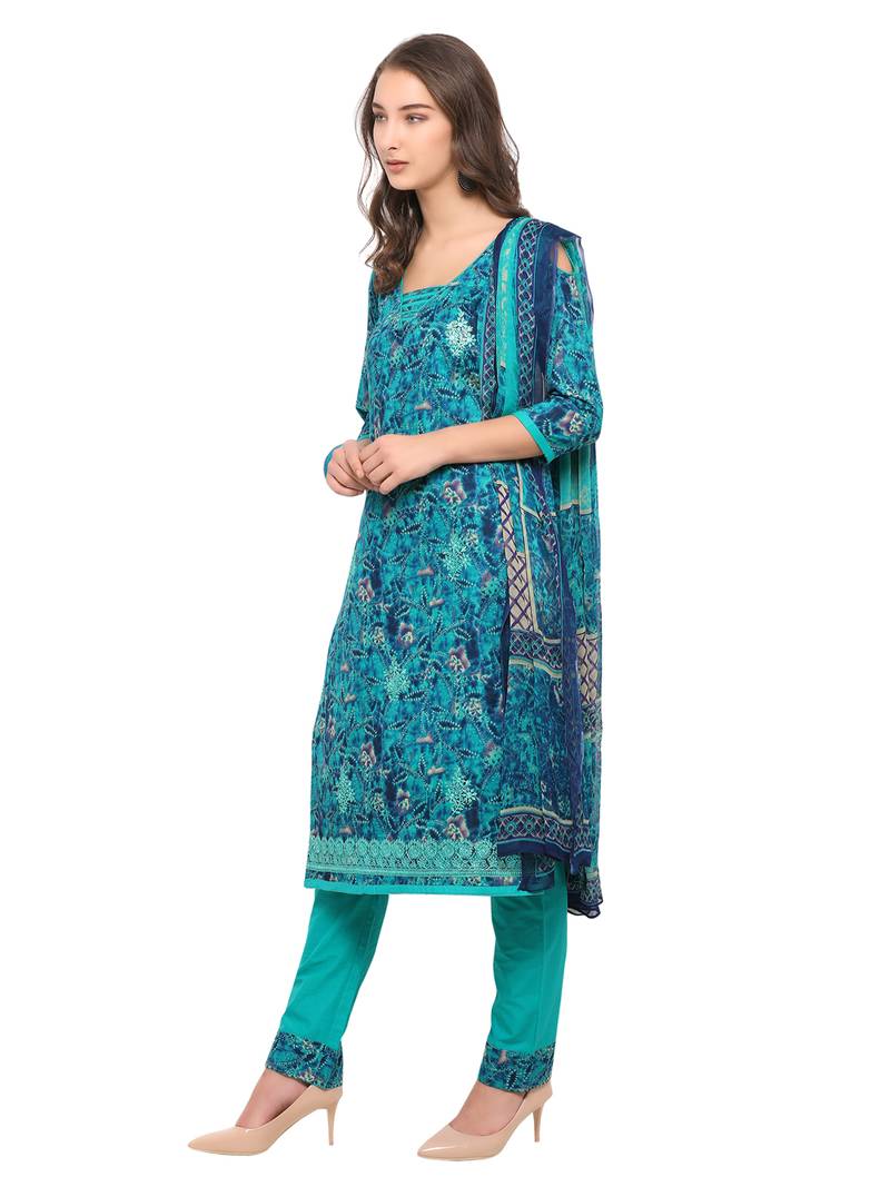 Inddus Turquoise Cotton Lawn Embroidered Unstitched Dress Material With Chiffon Dupatta