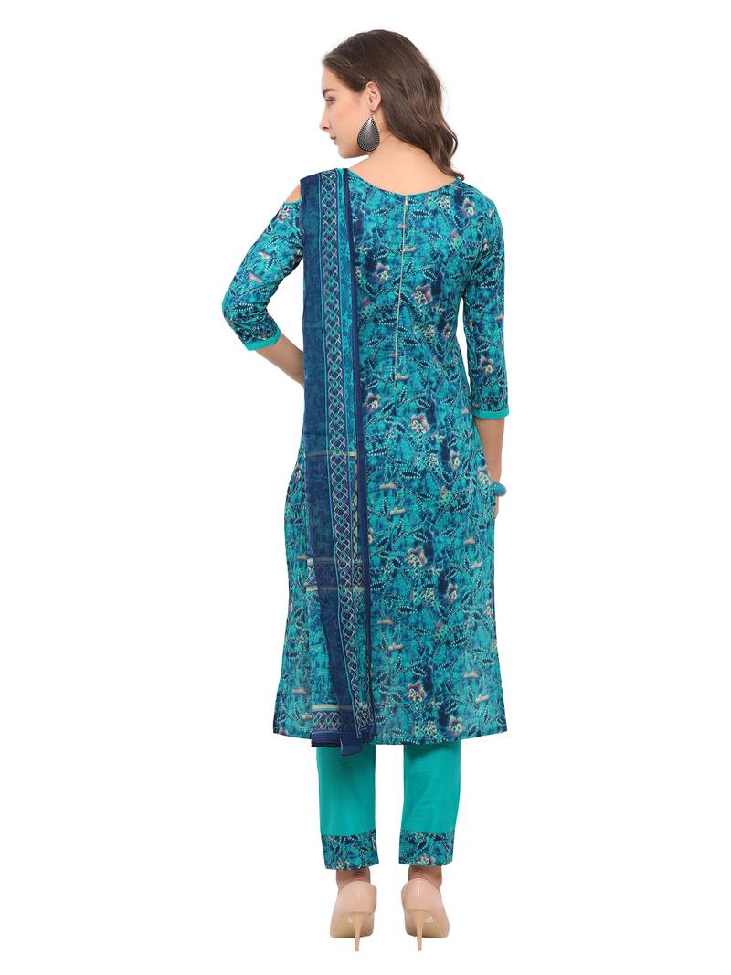 Inddus Turquoise Cotton Lawn Embroidered Unstitched Dress Material With Chiffon Dupatta