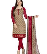 Inddus Beige Cotton Printed Unstitched Dress Material With Chiffon Dupatta