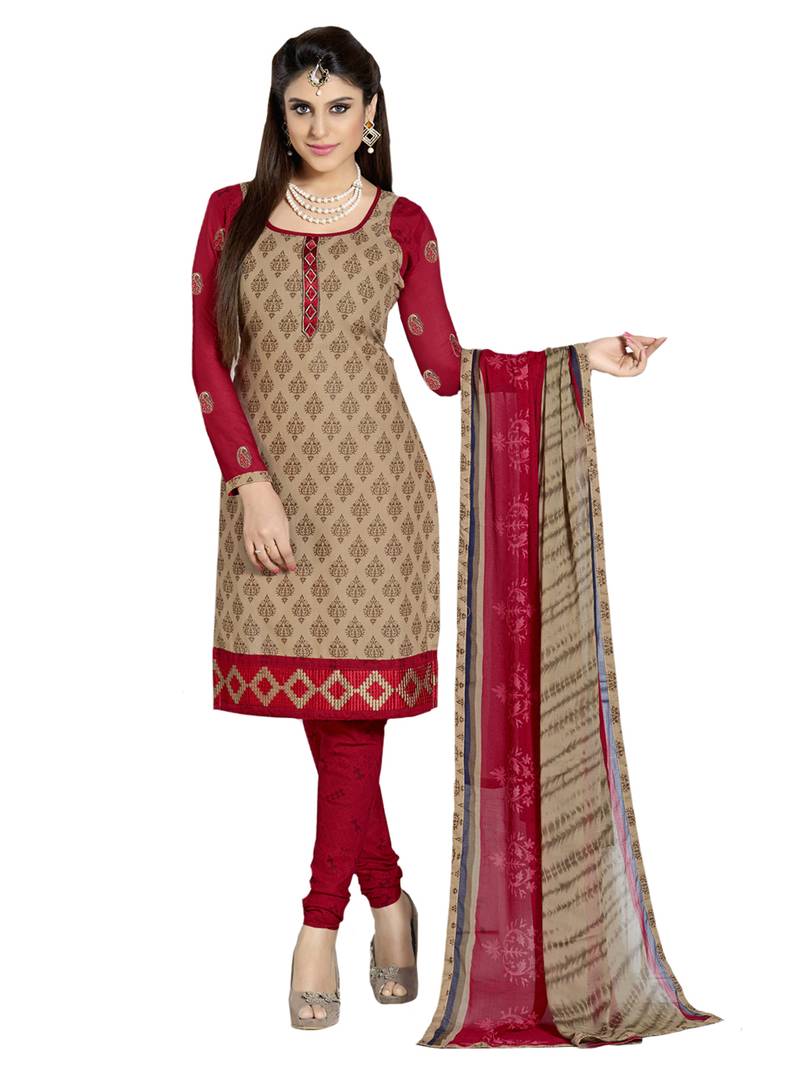 Inddus Beige Cotton Printed Unstitched Dress Material With Chiffon Dupatta